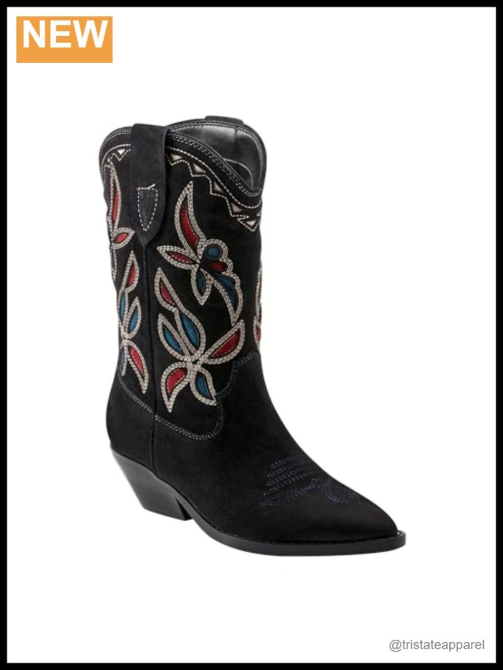 Suede Leather Pointed Toe Rhinestone Western Bootie Block Heel Ankle Boots